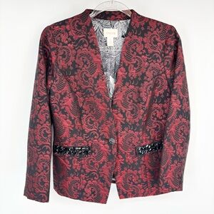 Chico's Blazer Damask Jacquard Black Red Embellished Pockets Size Small Brocade